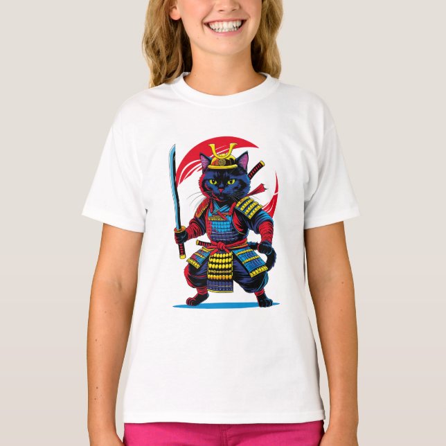 T-shirt Playera básica de niñas Gato Samurái (Devant)