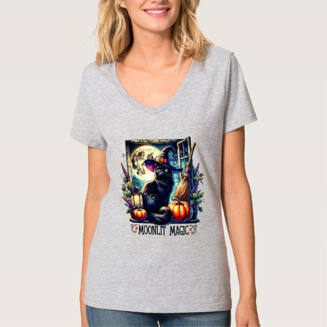 T-shirt Playera "Moonlit Magic" Black Cat Halloween Shirt (Devant)