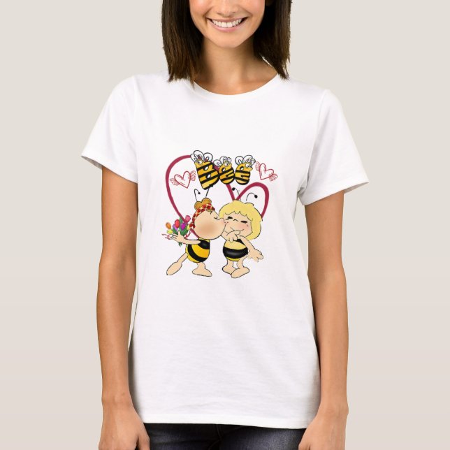 T-shirt Playera pareja de abejas con flores (Devant)