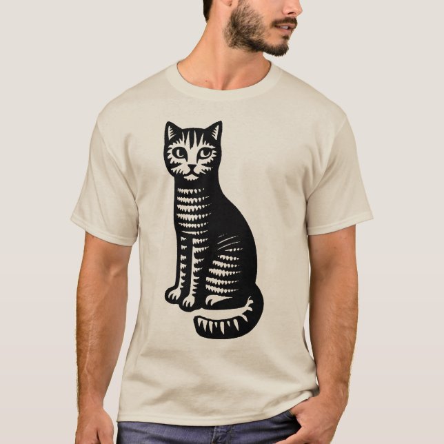 T-shirt Playful Cat Woodcut Style (Devant)