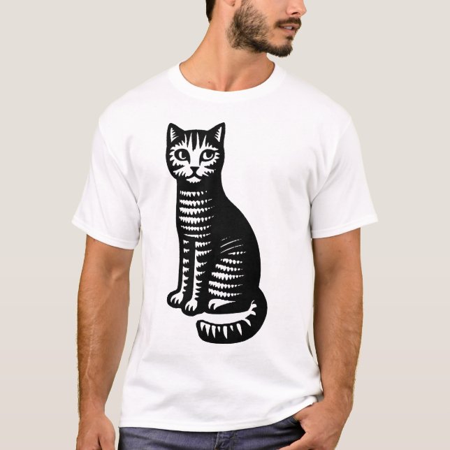 T-shirt Playful Cat Woodcut Style (Devant)