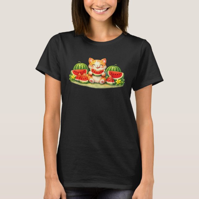 T-shirt Playful Kawaii Watermelon Cat Summer CartoonDesign (Devant)