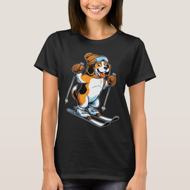 T-shirt Playful winter beagle with skiing  (Devant)
