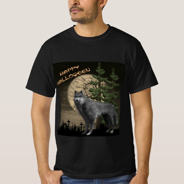 T-shirt Pleine lune avec loup gris Halloween heureux (Devant)