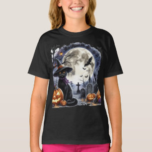 T-shirt Pleine lune d'Halloween éffrayante et chat noir