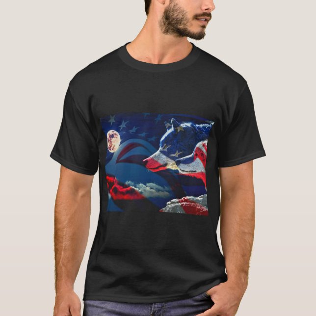 T-shirt Pleine lune du drapeau américain Wolf (Devant)