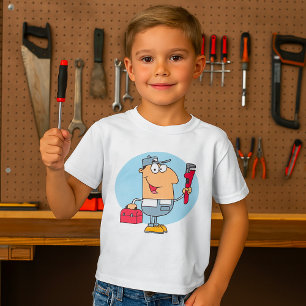 T-shirt Plombier de dessin animé tenant une clé à tuyau et