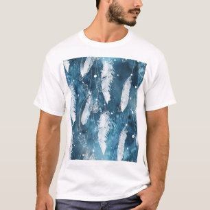 T-shirt Plumes blanches tombantes, aquarelle bleue.