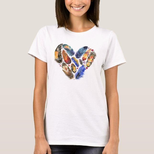 T-shirt Plumes en forme de coeur Aquarelle Design (Devant)