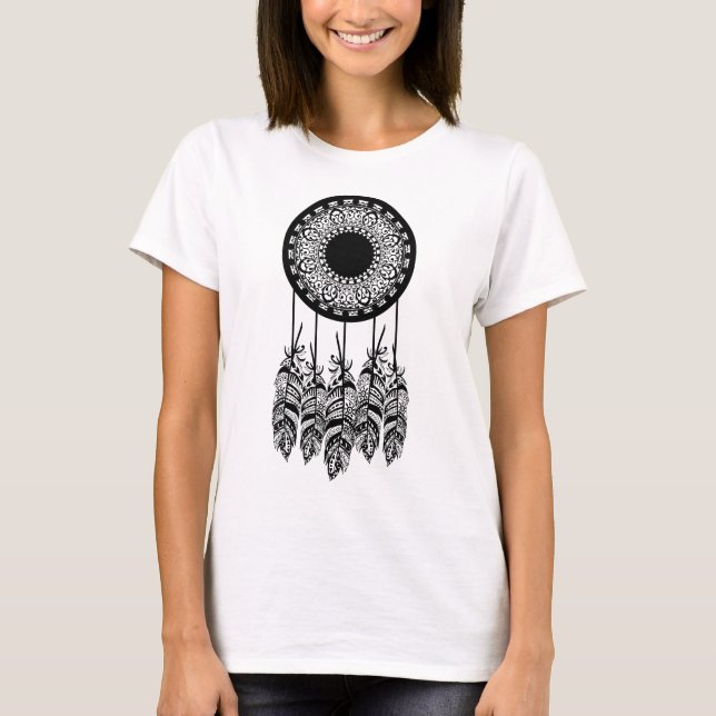 T-shirt Plumes tribales noires branchées Mandala Dream Cat (Devant)