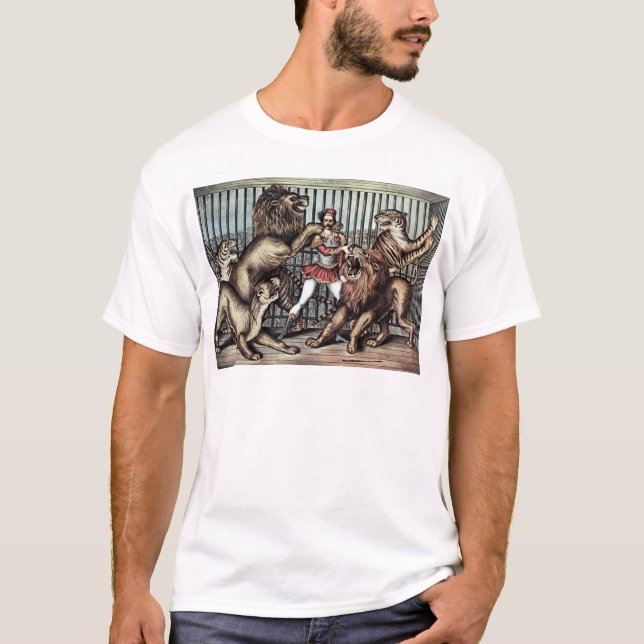 T-shirt Plus docile de lion dans la cage avec l'affiche de (Devant)