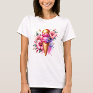 T-shirt Plutôt rose et or Crème de glace cône Floral