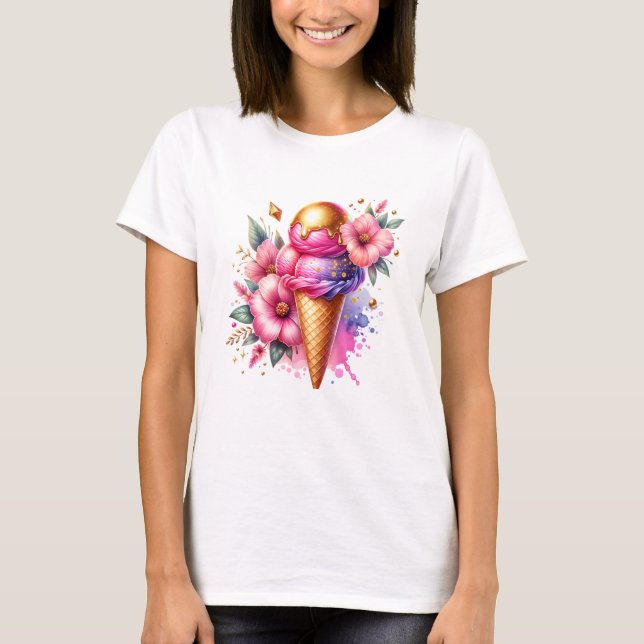T-shirt Plutôt rose et or Crème de glace cône Floral (Devant)