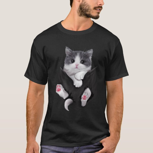 T-shirt Poche de chat blanc Kitten adorable (Devant)