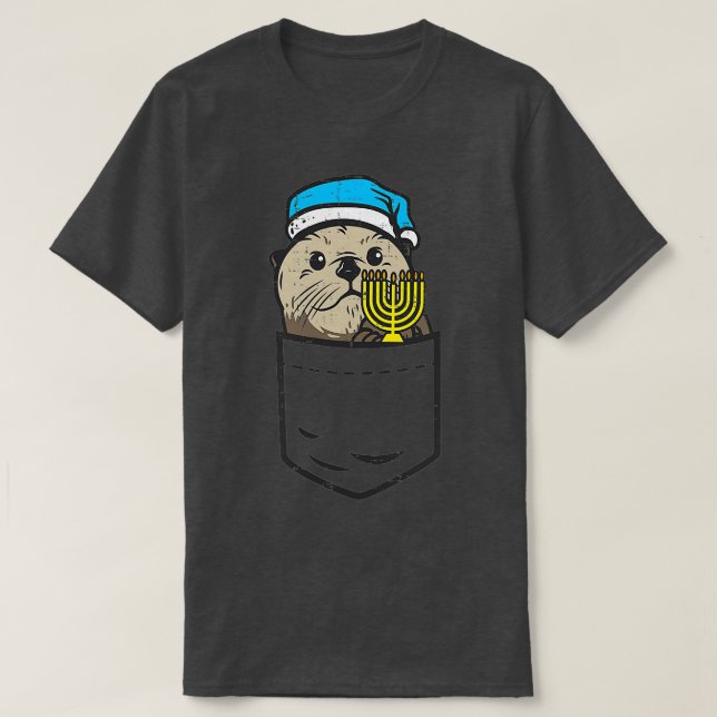 T-shirt Pocket Otter Menorah juive Hanoukka Chanukah Anim (Design devant)