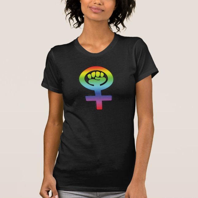 T-shirt Poing lesbien féministe d'arc-en-ciel de puissance (Devant)