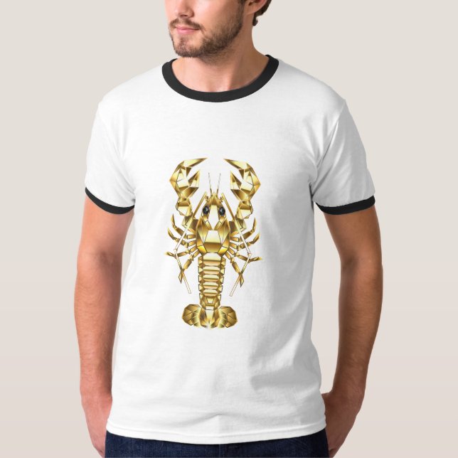 T-shirt Poisson à langouste polygonale dorée sur noir (Devant)