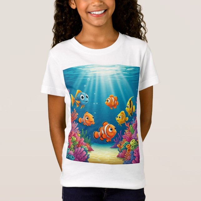 T-Shirt Poisson caricatural animé dans un récif corallien  (Devant)