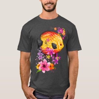 T-shirt Poisson De Disque Tropical Avec Fleurs Colorées De