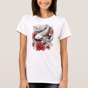 T-shirt Poisson Koi Avec Fleurs   Design japonais