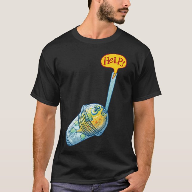 T-shirt Poisson noir à l'intérieur d'un verre en plastique (Devant)