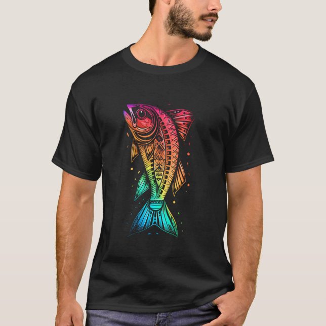 T-shirt Poisson psychédélique arc-en-ciel tribal (Devant)