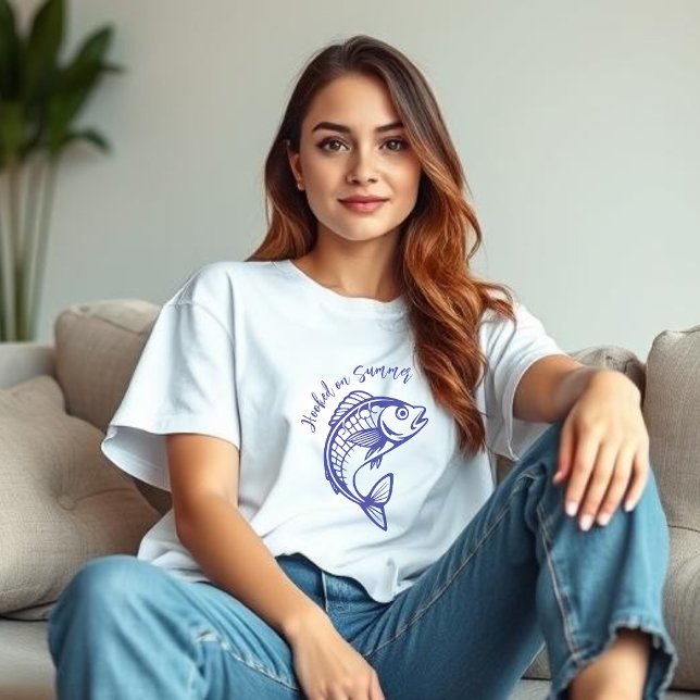 T-shirt Poisson sur le bleu foncé de l'été (Blue Fish Hooked on Summer)