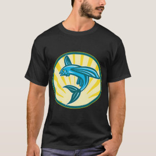 T-shirt Poisson volant sautant gravure sur bois rétro