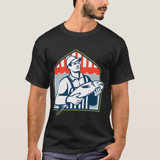 T-shirt Poissonnerie tenant du poisson Rétro (Devant)