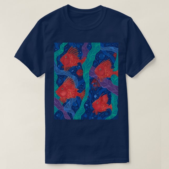 T-shirt Poissons Rouges, Algues Mer Animaux Sous-marins Ar (Design devant)
