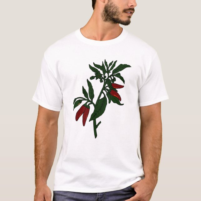 T-shirt Poivrons de piment rouge sur le plante vert-foncé (Devant)