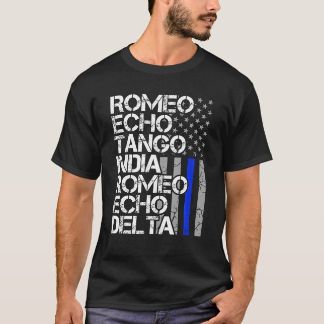 T-shirt Police à la retraite Code phonique mince Lin bleu (Devant)