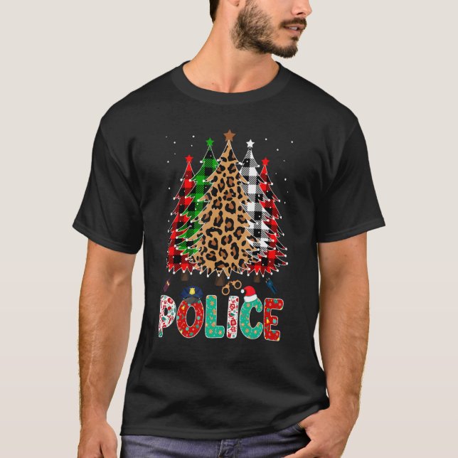 T-shirt Police Léopard Rouge Blanc Vert Carreaux Noël Arbr (Devant)