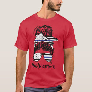 T-shirt Police Maman Messy Bun Police Agent Maman Mère Blu