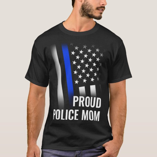 T-shirt Police Mom Printed On Back Proud Police Flag (Devant)