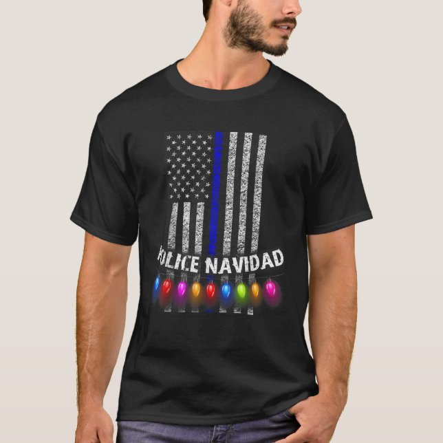 T-shirt Police Navidad Tee Mince Ligne Bleue Drapeau Verti (Devant)