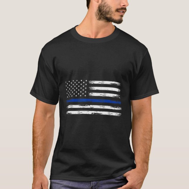 T-shirt Police Officer Us Usa American Flag Thin Blue Line (Devant)