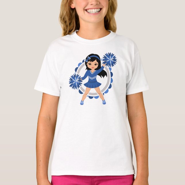 T-shirt Pom-pom girl Bleu Cheveux Noir - Cute Cheveux (Devant)