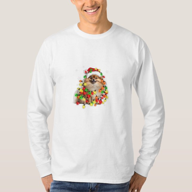 T-shirt Poméranie enveloppée dans les lumières de Noël (Devant)