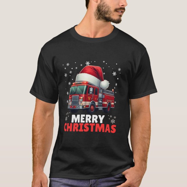T-shirt Pompier Camion de feu Noël Santa Hat Frieman (Devant)