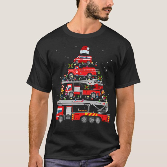 T-shirt Pompier Camion feu Noël Lumières Arbre Père Noël (Devant)