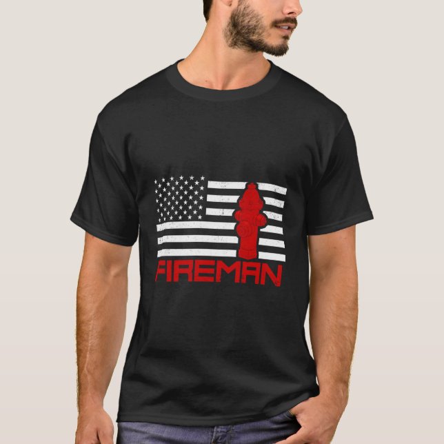 T-shirt Pompier Fireman Drapeau Américain Cadeau Long Manc (Devant)