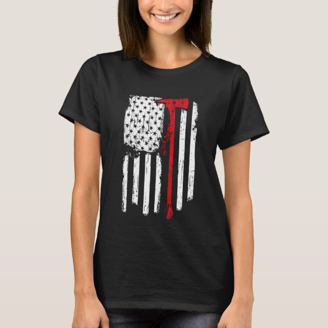 T-shirt Pompier Red Line Drapeau Américain Avec Pompier Ax (Devant)