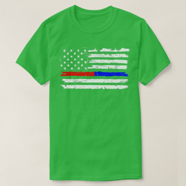 T-shirt Pompiers Police Red Blue Line American (Design devant)