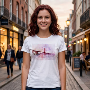 T-shirt Pont Golden Gate aquarelle au coucher du soleil