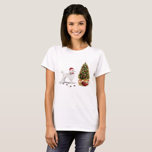 T-shirt Poodle blanc Funny Chien de Noël avec arbre (Devant entier)