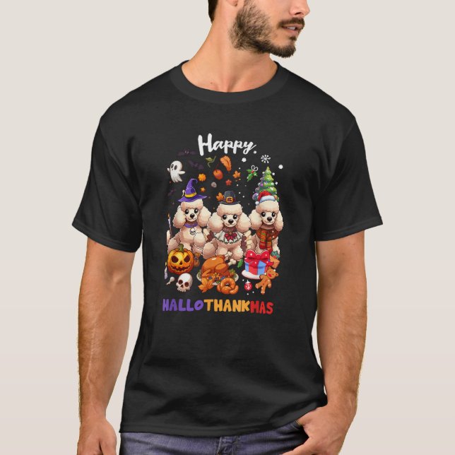 T-shirt Poodle Dog Christmas Happy Hallothankmas Thanksgiv (Devant)