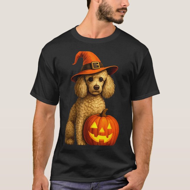 T-shirt Poodle Halloween Pumpkin Witch Hat Dog Art Family  (Devant)