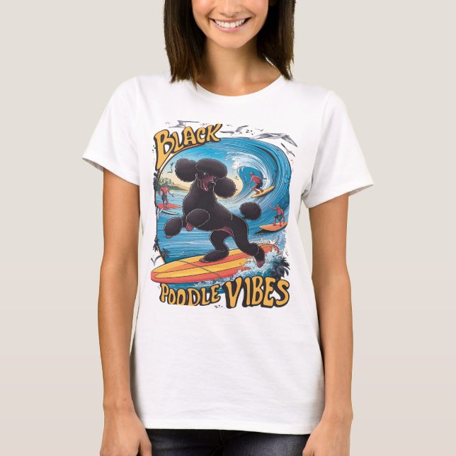 T-shirt Poodle noir aquatique : surfer sur la grande vague (Devant)