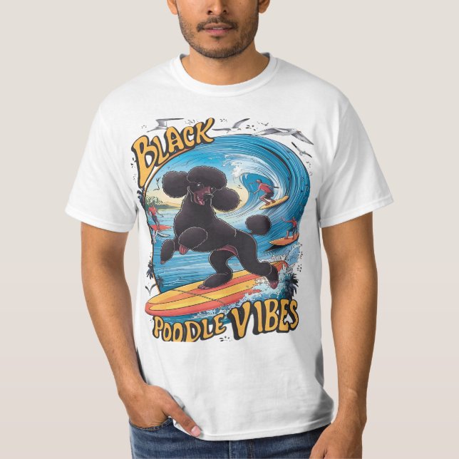 T-shirt Poodle noir aquatique : surfer sur la grande vague (Devant)